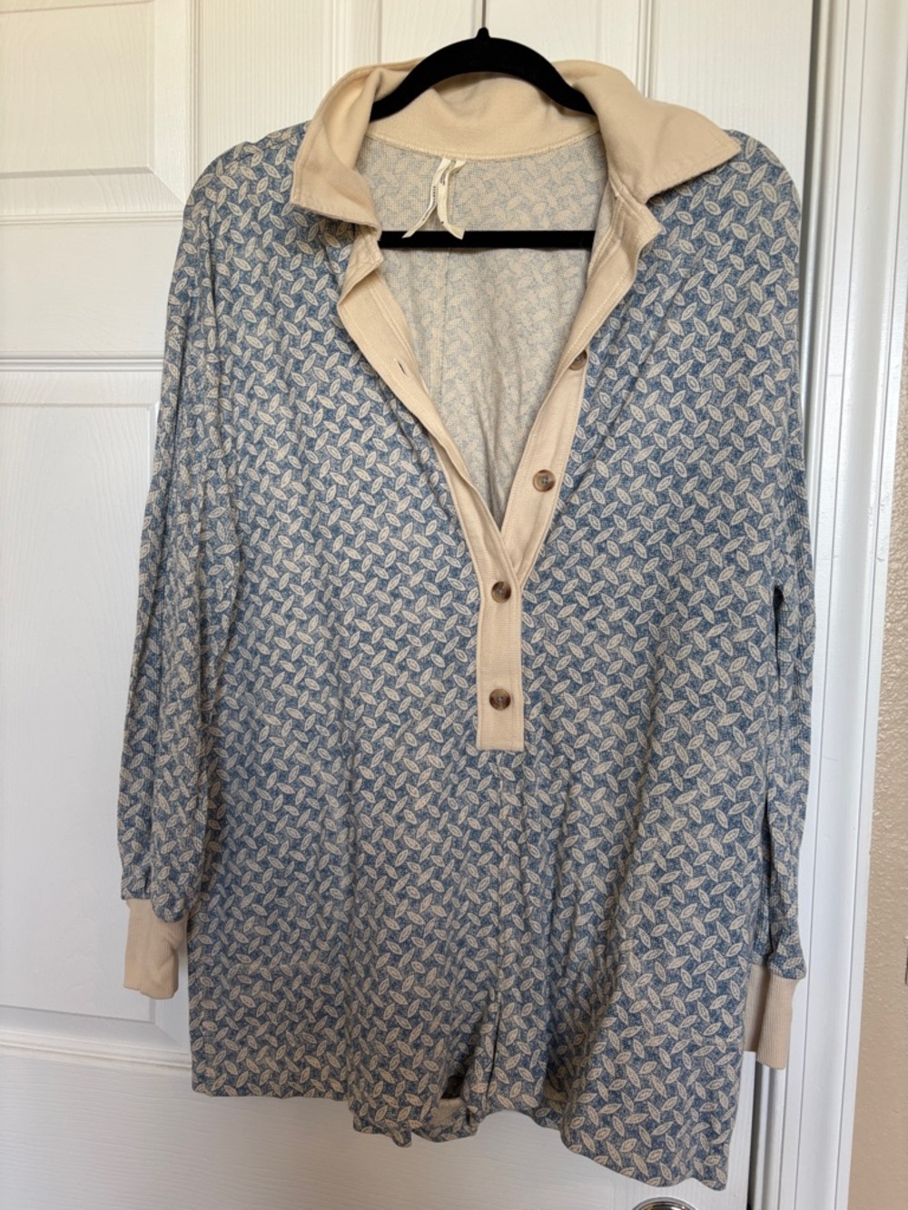 Anthropologie Beige and Light Blue Patterned Jumpsuit Romper